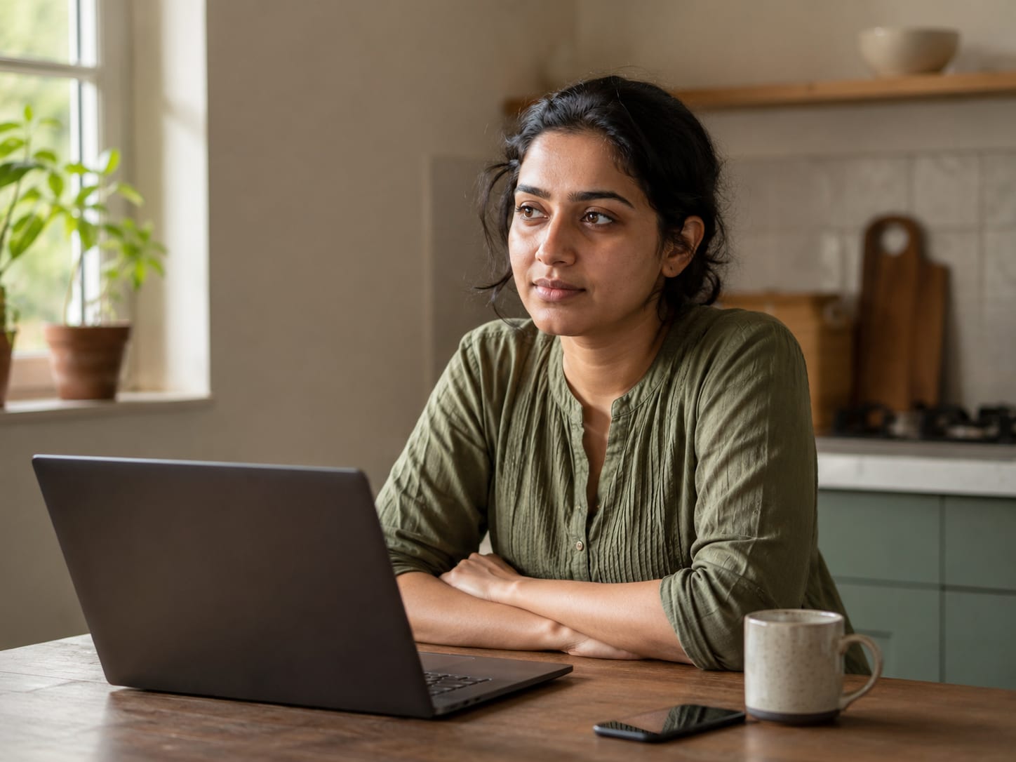 A woman sitting at her kitchen table with a laptop, thinking.
